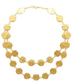 Gold layered necklace featuring two rows of textured discs. Closes with a lobster clasp. Falls perfectly to the chest for a subtle, classy look. Gold Layered Necklace, Gold Disc, Round Necklace, Gold Statement Necklace, Hammered Gold, Gold Necklace Layered, 24kt Gold, Tres Chic, Boutique Accessories