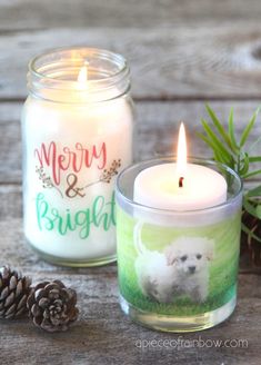 two candles sitting next to each other on top of a wooden table with pine cones