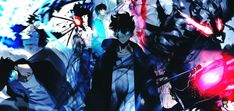 two anime characters are standing in front of an abstract background with blue and red colors