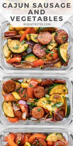 three plastic containers filled with sausage and veggies next to the words cajun sausage and vegetables