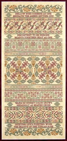 a cross stitch pattern with different colors and patterns on the bottom, in red frame