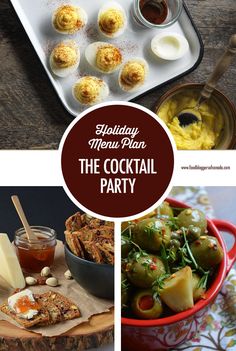 a collage of photos with different food items and the words holiday menu, the cocktail party