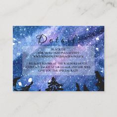 a business card with an image of the night sky, stars and trees on it