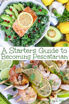 the cover of a cook's guide to becoming pescatarian with lemons, avocado and shrimp