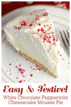 a slice of white chocolate peppermint cheesecake on a plate