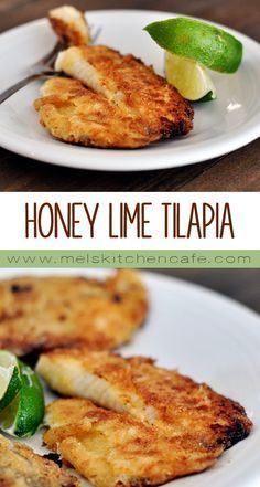 two white plates topped with fried fish next to lime wedges