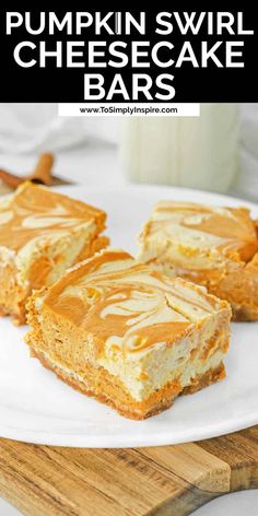 pumpkin swirl cheesecake bars on a white plate