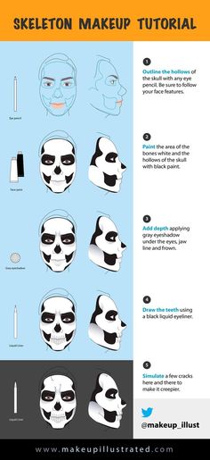 Makijaż Sugar Skull, Skeleton Makeup Tutorial, Make Up Guide, Halloweenský Makeup, Halloween Make-up Looks, Skeleton Makeup, Sugar Skull Makeup, Halloween Makeup Inspiration, Smink Inspiration