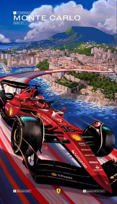 a painting of a racing car in front of a cityscape with the words monte carlo on it