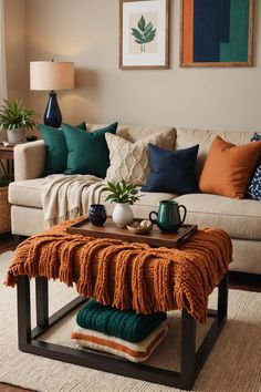 a living room filled with furniture and pillows