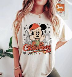 Mickey Minnie Christmas Disney Shirt Disney Christmas T Shirt, Themed Christmas Tops With Graphic Print, Themed Christmas Graphic Print Tops, Christmas Themed Tops With Graphic Print, Christmas Themed Graphic Print Top, Disney Christmas T-shirt For Fan Events, Casual Character Print Holiday Tops, Casual Character Print Tops For Holiday, Casual Holiday Tops With Character Print