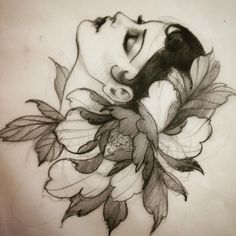 a drawing of a woman's face with flowers in her hair and eyes closed