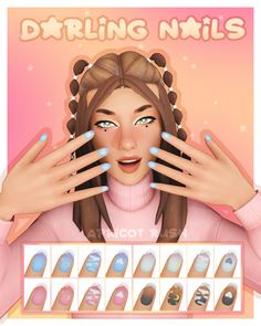 the girl is holding her hands up to her face with different nail designs on it