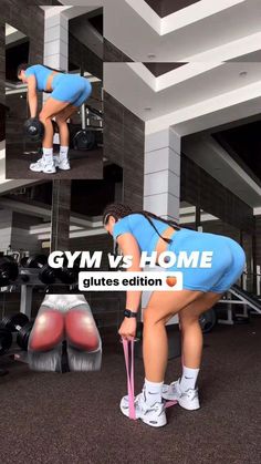 a woman in blue shirt and shorts doing squat exercises