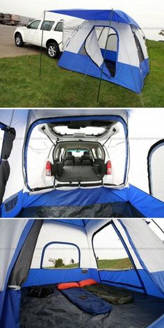 two pictures show the inside and outside of a tent