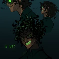 three people with green light on their eyes and one has curly hair in the dark