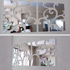 two mirrors that are next to each other in the same room and one has a mirror with an intricate design on it