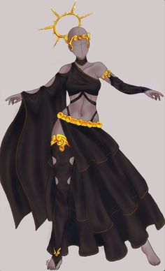 a drawing of a woman in a black dress with gold trimmings and a sun on her head