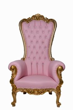 a pink chair with gold trimmings and buttons on the back, sitting against a white background