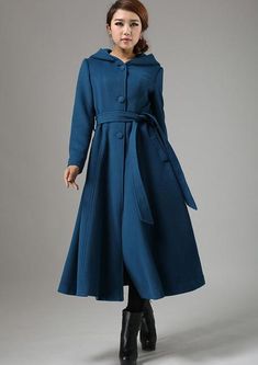 Blue wool swing coat - womens long coat with warm hood (739f1) – xiaolizi Womens Long Coat, Dress Coats, Modest Clothes, Cool Coats, Over Dress, Cozy Coats, Long Coat Women, Long Frocks, Coat Patterns