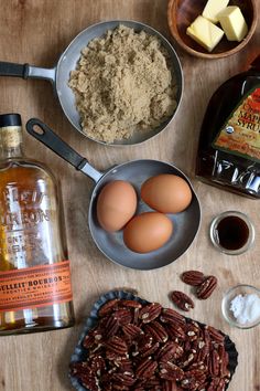 ingredients to make pecan pie laid out on a table