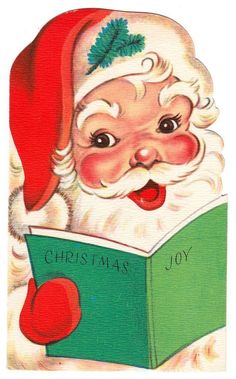 an old fashioned christmas card with santa claus reading a book