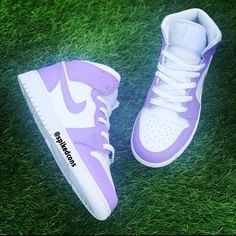 Custom purple and white Jordan - custom painted from white authentic Jordan 1- Custom Jordan 1 Mid, Painted Nikes, Custom Jordans, Air Shoes, Nike Shoes Girls, Basket Style, Jordan Shoes Girls, Preppy Shoes, Roanoke Va