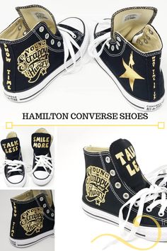 an image of black and gold converse shoes with the words hamilton converse shoes written on them