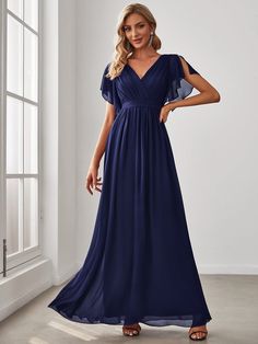 A-Line Pleated Chiffon Tie-Waist Evening Dress #color_Navy Blue Only By His Grace, Cap Sleeve Bridesmaid Dress, Sleeve Bridesmaid Dress, Mom Dresses, Bridesmaid Dress Ideas, Womens Prom Dresses, Skirt And Sneakers, Ever Pretty, Pleated Chiffon