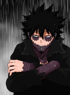 an anime character with his arms crossed in the rain