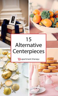 there are many different pictures with the words alternative centerpieces on them, including oranges and seashells