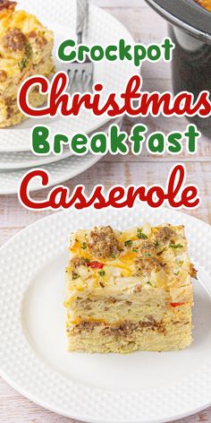 a serving of breakfast casserole on a white plate.