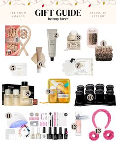 the ultimate gift guide for beauty lovers is on display in front of a white background