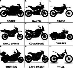 black and white silhouettes of different types of motorbikes in various poses, from front to back