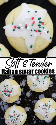 soft and tender italian sugar cookies with white icing, sprinkles and colored candies