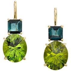 "Granny Smith" apple green and teal colored gemstones are combined to create these beautiful color blocked earrings set in 18k yellow gold. The large, custom-cut peridots are extraordinarily brilliant and paired with richly-colored, princess cut indicolite tourmalines, they form such a sophisticated color palette! Designed to make you shine with confidence! Handmade in 18k yellow gold by our Master Jewelers in Los Angeles. Peridots, 12.00 x 10.00mm, 9.57 carat total Indicolite tourmalines, 6.00 Vintage Drop Earrings, Indicolite Tourmaline, Colored Gemstones, Tourmaline Earrings, Unusual Earrings, Diamond Collection, Granny Smith, Tourmaline Crystal, Watermelon Tourmaline