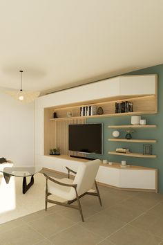 a living room with a tv, table and chairs