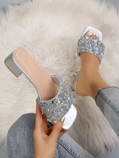 New Summer/Autumn Fashion Diamond Decor White Open Toe High Heel Sandals For Women Silver Glamorous    Plain Mules   Women Shoes, size features are:Bust: ,Length: ,Sleeve Length: Heeled Mule, Shoes Heels Classy, Summer Heels, Open Toe High Heels, Heels Classy, Rhinestone Sandals, Fancy Shoes, Girly Shoes, Thick Heels