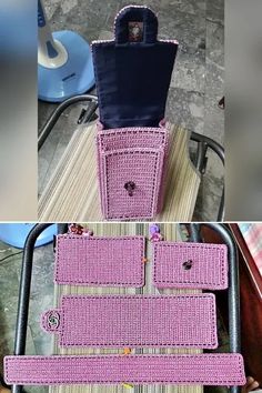 two pictures showing the inside and outside of a pink purse with buttons on it, next to an image of a handbag that has been made out of woven