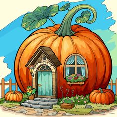 a pumpkin house with plants and flowers in front of the door is painted to look like it's coming out of an autumn window