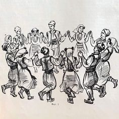 an old black and white drawing of several people dancing with their hands in the air