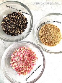 three bowls filled with different types of food on top of a white countertop next to each other