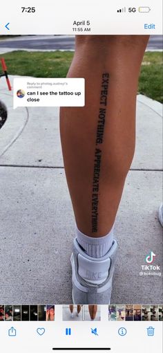 someone has their foot tattooed with the words, i see the tattoo up