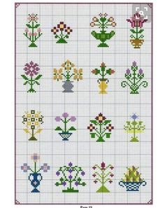 a cross stitch pattern with flowers and vases on the bottom, in different colors