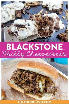 black stone philly cheese steak sandwich on a tray with the title text above it