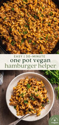 one pot vegan hamburger helper in a skillet