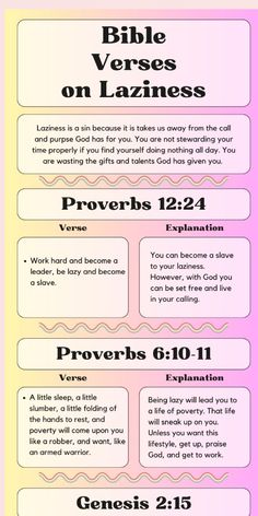 the bible verses on lazinees are shown in pink, yellow and blue