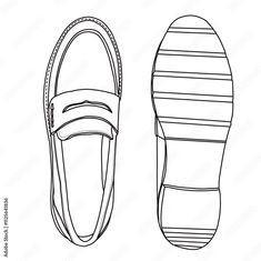 Women's Slip On Loafers Flat Casual Shoes Line art, Technical sketch hand drawing outline vector doodle top and bottom view isolated on white background for coloring page