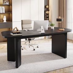 an office desk with a laptop on it in front of a bookcase and bookshelf