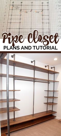 a room that has some shelves on it and the words, pipe closet plans and tutors